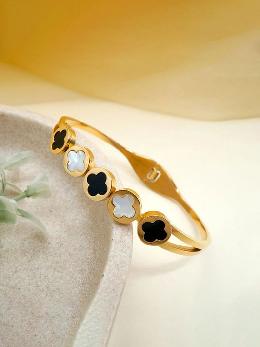 Black and white Clover Cuff Gold Anti -Tarnish Bracelet