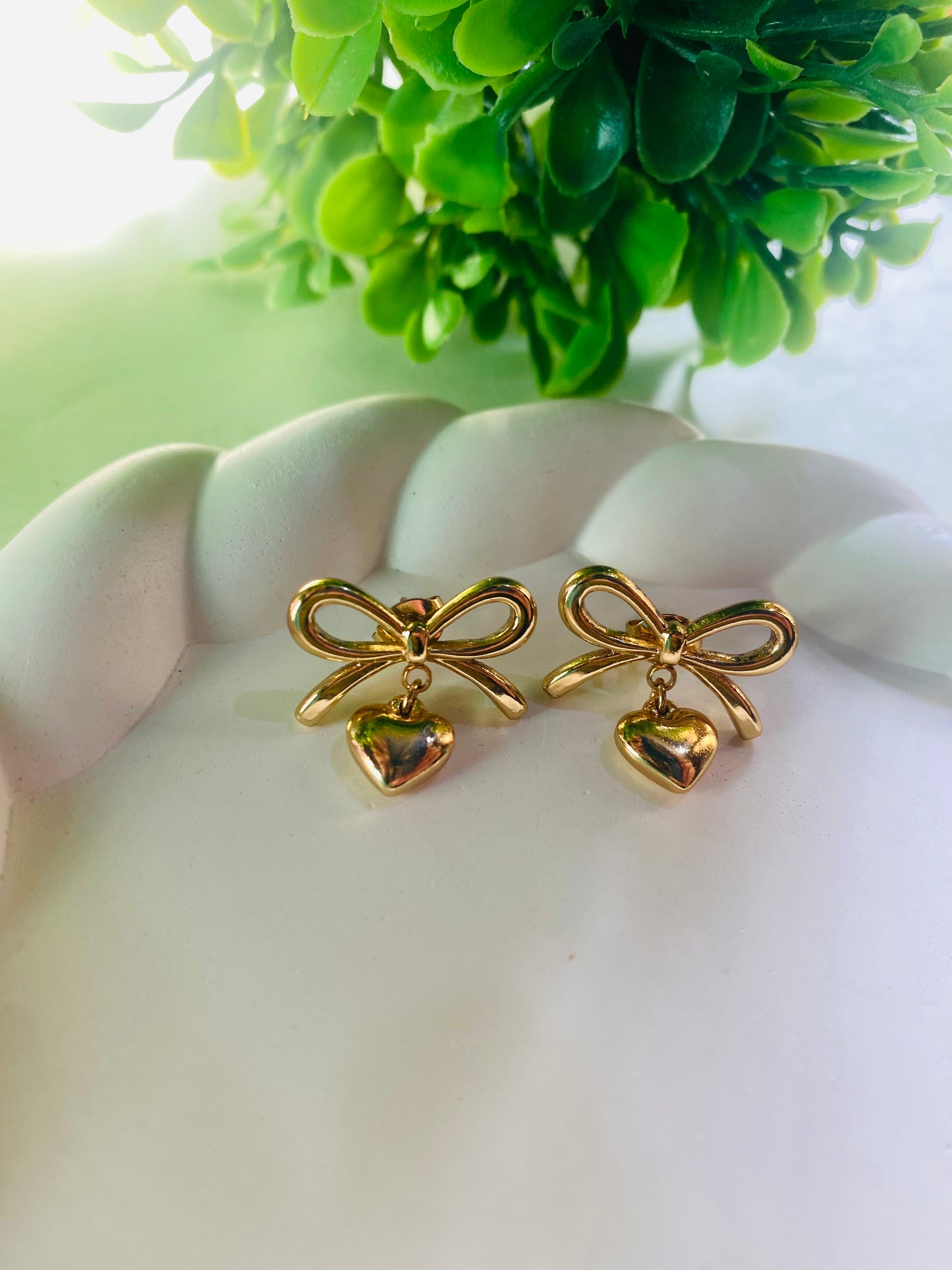 Bow Charm Heart Drop Anti -Tarnish Earrings