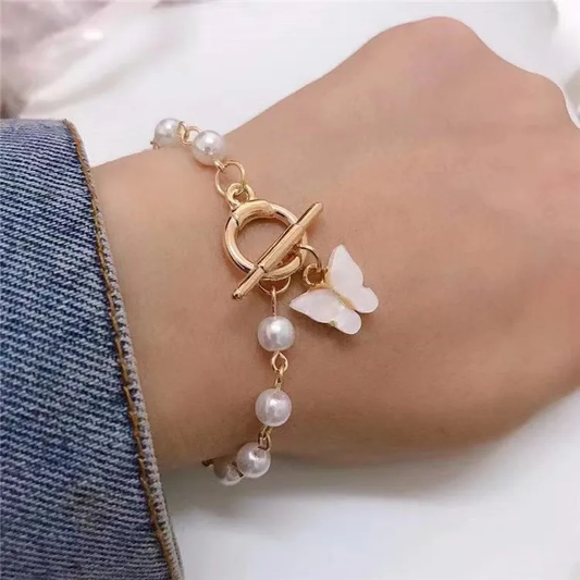 Pearl Butterfly Charm Bracelet (Gold)