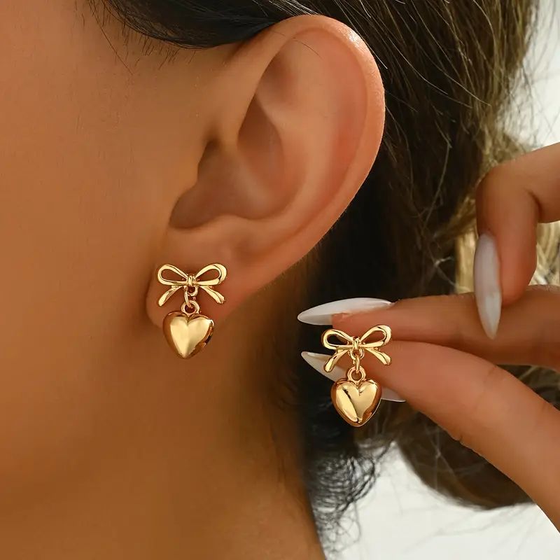Bow Charm Heart Drop Anti -Tarnish Earrings