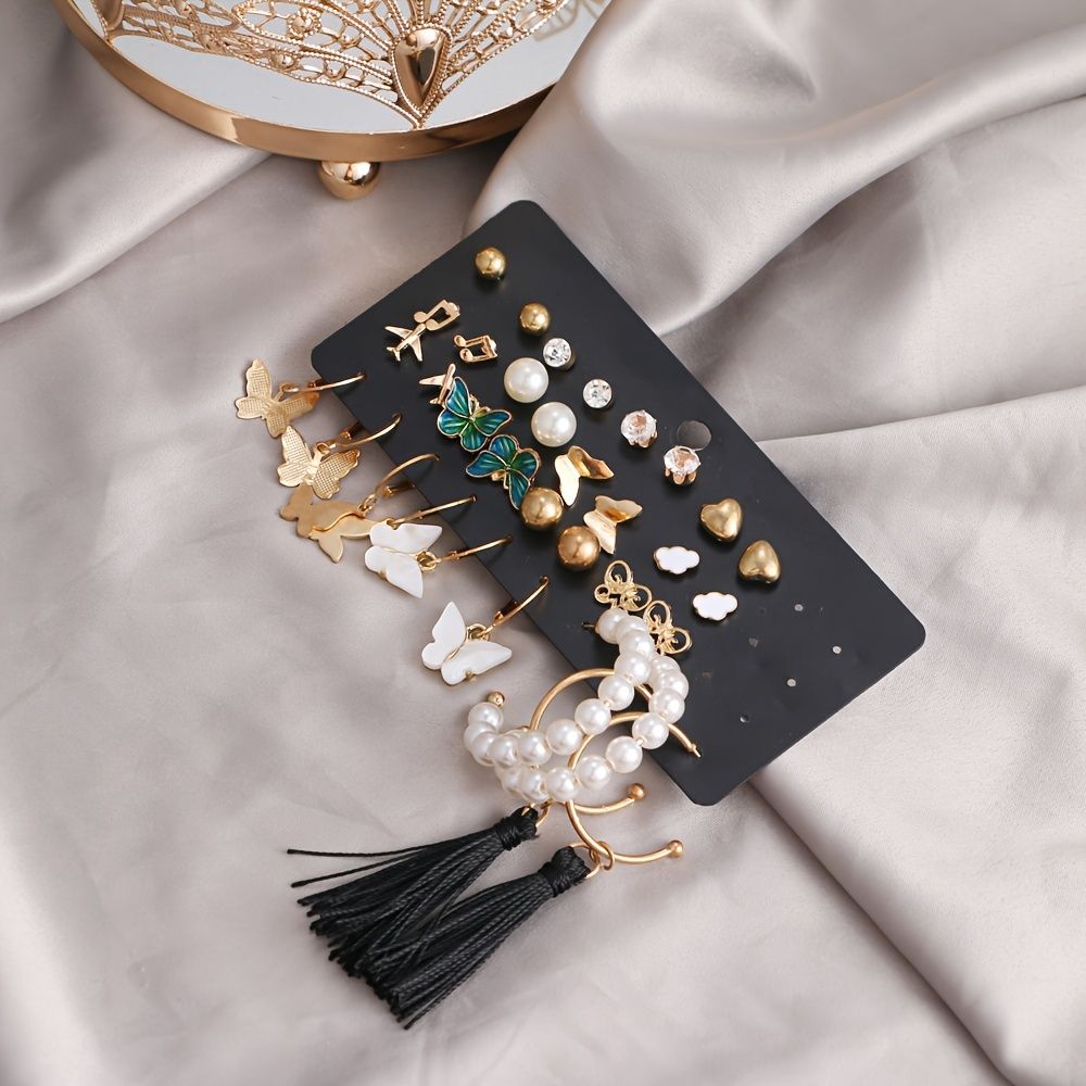 Butterfly and Pearl Luxe Earring Set (Set of 17)