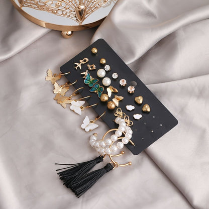 Butterfly and Pearl Luxe Earring Set (Set of 17)