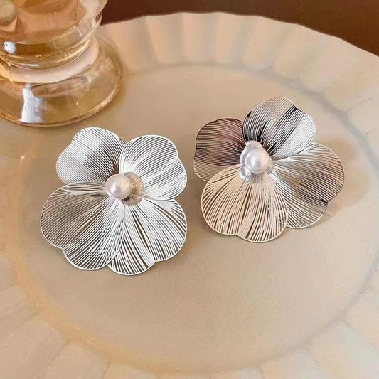 Pearl Bloom Silver Petals Earrings