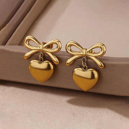 Bow Charm Heart Drop Anti -Tarnish Earrings