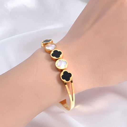Black and white Clover Cuff Gold Anti -Tarnish Bracelet