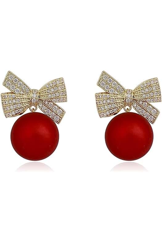 Red Pearl Bow Earrings