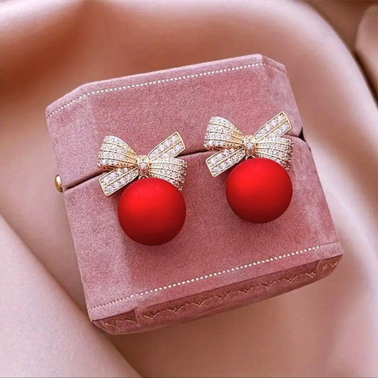 Red Pearl Bow Earrings