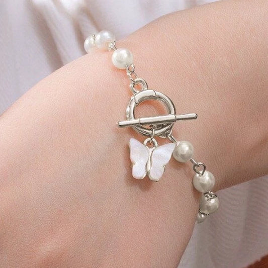 Pearl Butterfly Charm Bracelet(Silver)